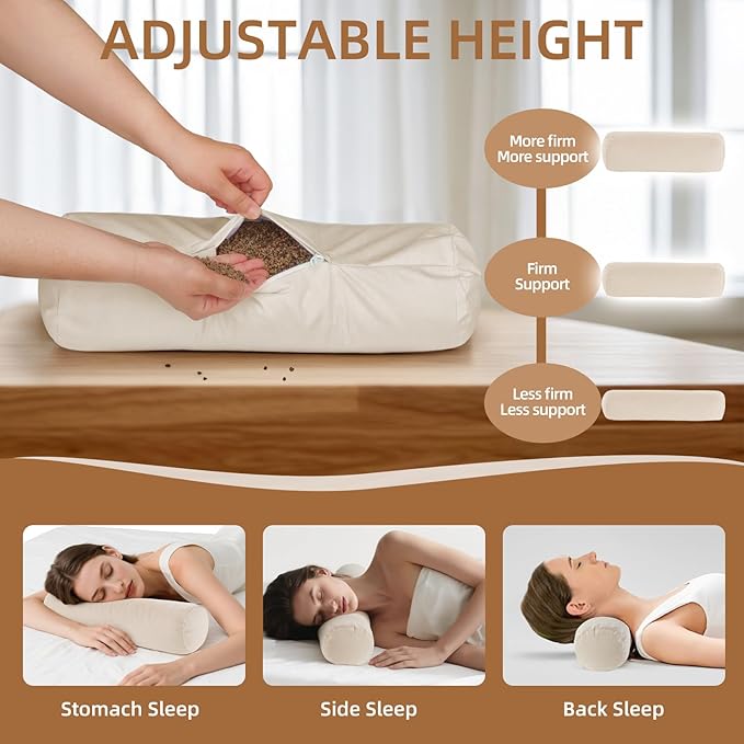 LOFE Buckwheat Pillow - Adjustable Buckwheat neck Pillow(17x6) to Provide Firm Support, Neck Roll Pillows for Side and Back Sleepers, Cylinder Bolster Pillows with Organic Pillowcase