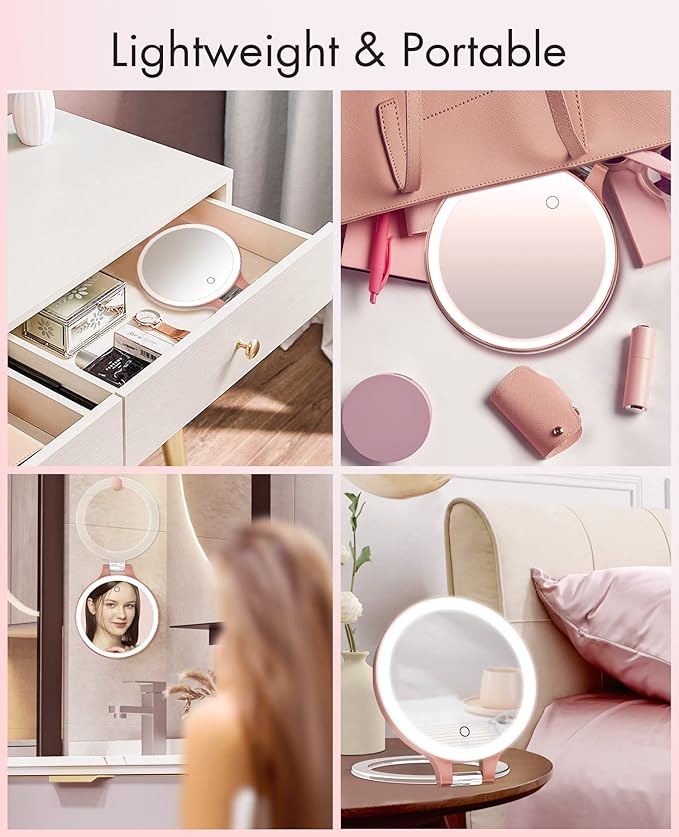 FASCINATE Magnifying Mirror 10X 1X Double Sided Magnification, Makeup Vanity Mirror Rechargeable Lighted with 3 Color Setting Adjustable Rotation LED Vanity Desk