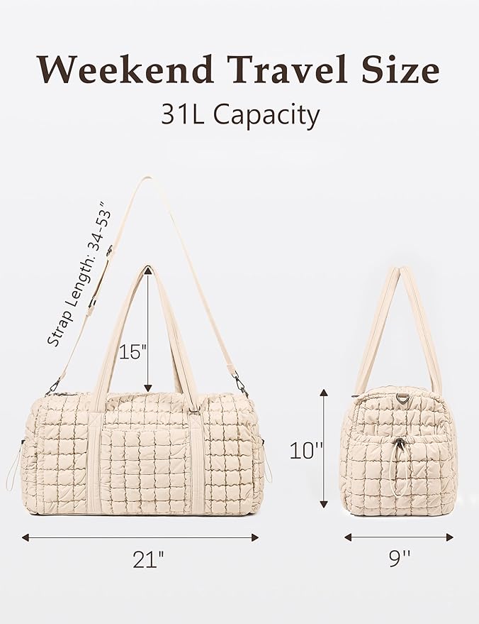 Quilted Travel Duffle Bag for Women Medium Weekender Bag Puffer Overnight Bag Large Soft Puffy Duffel Bag Carry-On Gym Bag Lightweight Personal Item Travel Bag for Trips Business Sport Airplane