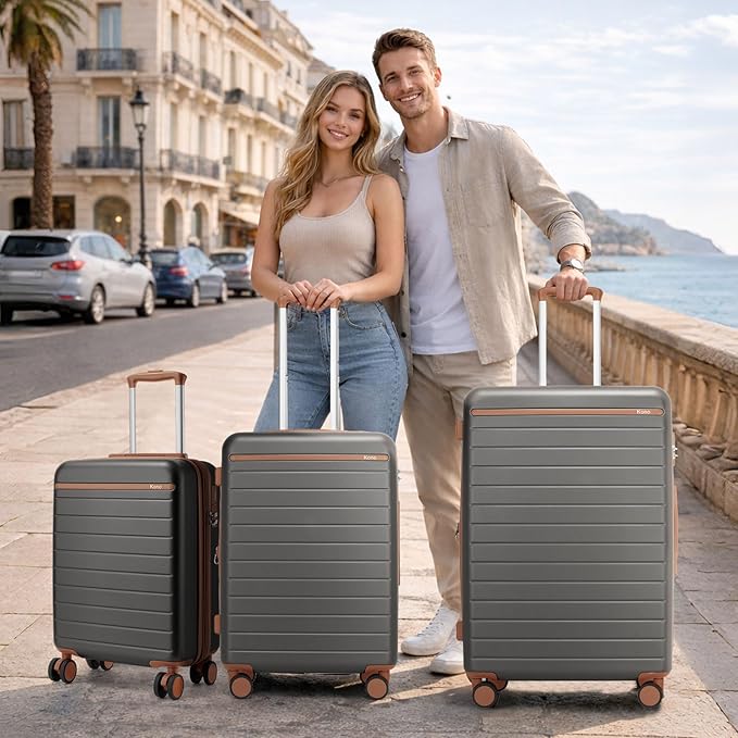 Kono 24 Inch Check In Suitcase Expandable Luggage, Business Travel Suitcase for 5-7 Days, Durable ABS+PC Hardshell with Side Handles & Kick Plates, Double Spinner Silent Wheels, Grey/Brown