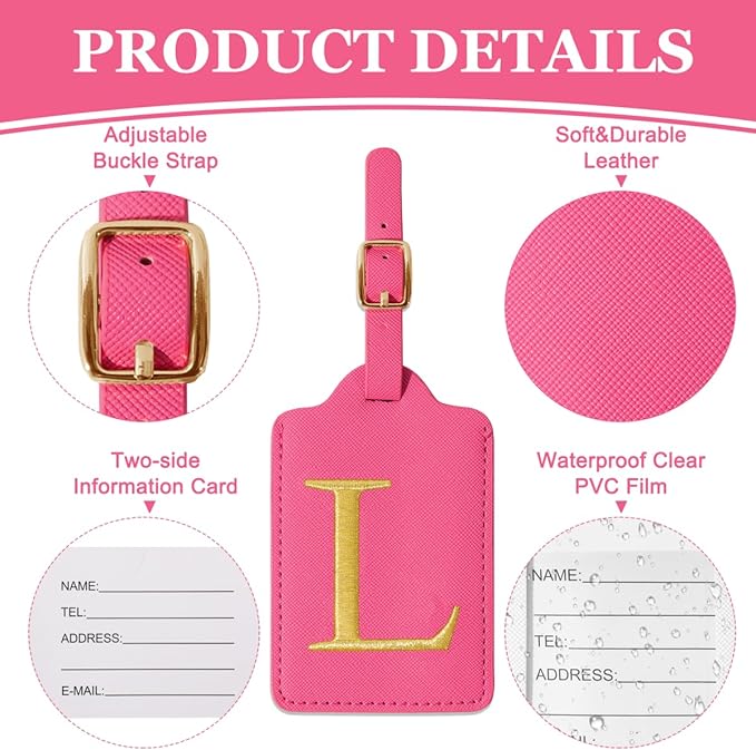 Personalized Initial Luggage Tags for Suitcases,Leather Letter Cute Luggage Tags with Privacy Name Card,Embroidered Monogrammed Travel Bag Backpack Tag Gifts for Women Kids Girls Teens(Rosered-L)