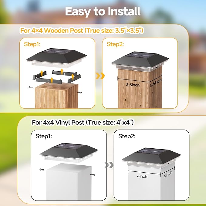 4 Pack 4x4 Solar Post Light, 3 Modes Wooden Vinyl Fence Cap, Black | 3 color temperatures, Waterproof LED Solar Post Lights, Patio Porch Decor, Only Fit Two True Size Post: 3.5''x3.5'', 4''x4''