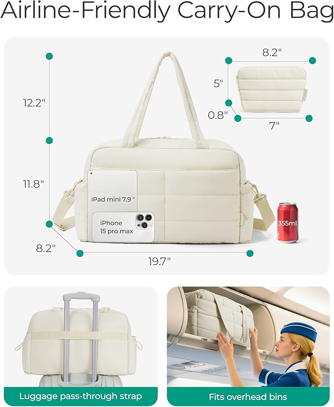 BAGSMART Gym Bag for Women, Lightweight Puffer Duffle Bag 2-PC Travel Bag, 31L Weekender Overnight Bag Quilted Carry On Tote Bag, Diaper Hospital Dance bag for Travel, Gym, Water Resistant, Beige