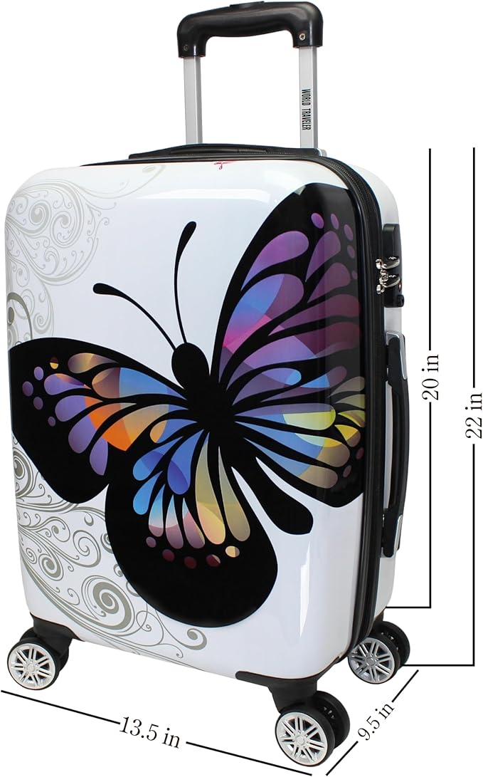 World Traveler Butterfly 20-Inch Carry-On Polycarbonage Hardside Expandable Spinner Luggage with Enhanced Wheel System