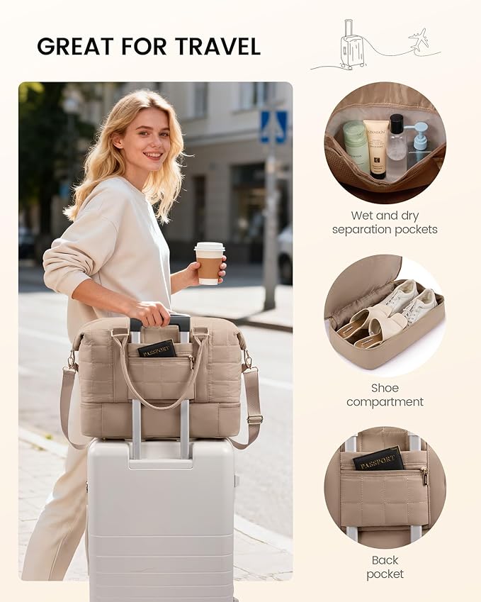 LOVEVOOK Travel Duffel Bag - Versatile Weekender Bag for Women, Puffer Carry On & Overnight Bag for Short Trips, Black/White/Brown