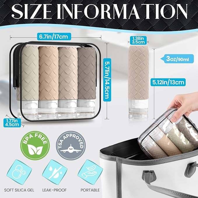 Travel Bottles for Toiletries, TSA Approved Silicone Travel Size Containers for Toiletries, BPA Free Leak Proof Refillable Essentials Accessories, Shampoo and Conditioner Bottles (Cream)
