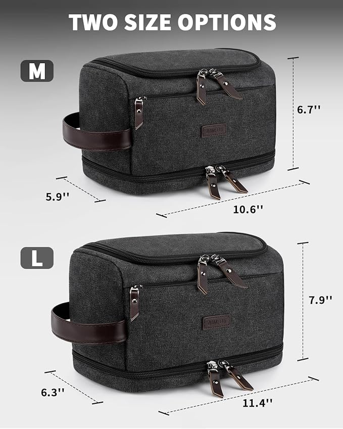 ZOMFELT Toiletry Bag for Men, Dual Layers Canvas Travel Toiletries Bag, Water-Resistant Travel Organizer with Elastic, Large Capacity Dopp Kit, Hanging Shaving Hygiene Bag, Black, L