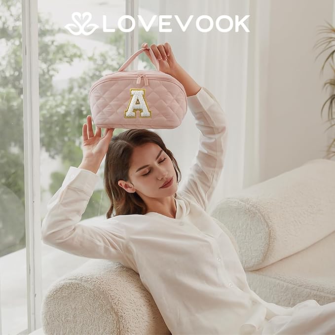 LOVEVOOK Travel Makeup Bag for Women, 2Pcs Puffer Waterproof Cosmetic Organizer, Large Capacity Pouch Open Flat Small Toiletry Bag with Brush Compartment & Handle (Pink-A, Medium)