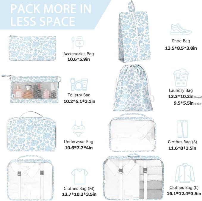 8 Set Packing Cubes for Travel, Luggage Packing Organizers Accessories Large Toiletries Bag for Clothes Shoes Cosmetics (Blue Flower)