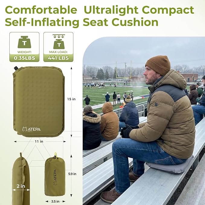 ATEPA Inflatable Seat Cushion, Self-Inflating Portable Stadium Airplane Travel Foam Cushion Pad for Camping, Sports Events, Outdoor