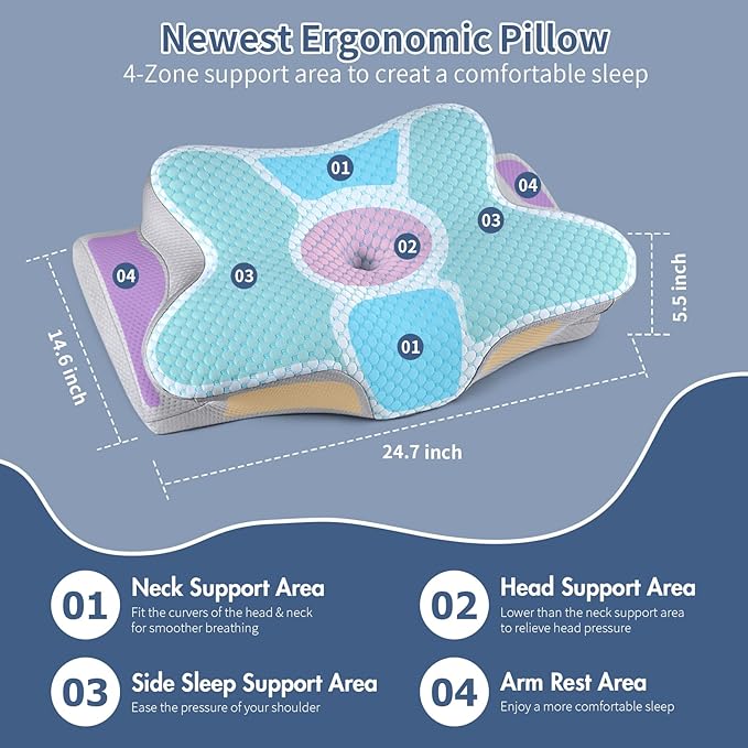 Cervical Neck Pillow - Ergonomic Side Sleeper Pillow for Pain Relief, Cooling Cervical Pillow for Sleeping, Contour Orthopedic Memory Foam Pillows for Back Stomach Sleepers