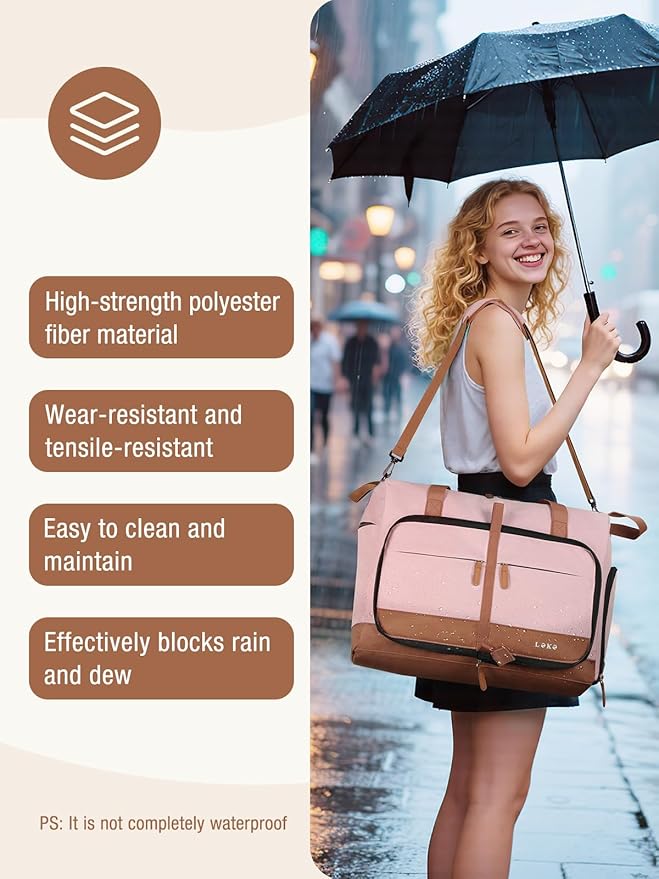 Lekesky Foldable Travel Duffle Bag for Women, Large Duffel Bag with Separate Shoes Compartments & Straps, Carry On Weekend Bag for Women, Hospital, Overnight (Pink, 30L)