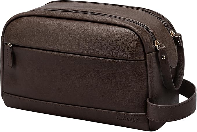 PU Leather Toiletry Bag for Men - Water Resistant Travel Bag for Toiletries, Bathroom Essentials, Accessories - Dark Brown