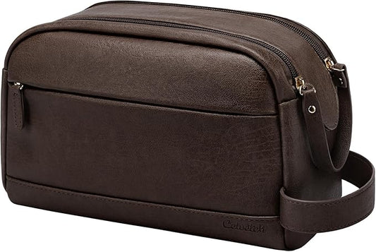 PU Leather Toiletry Bag for Men - Water Resistant Travel Bag for Toiletries, Bathroom Essentials, Accessories - Dark Brown