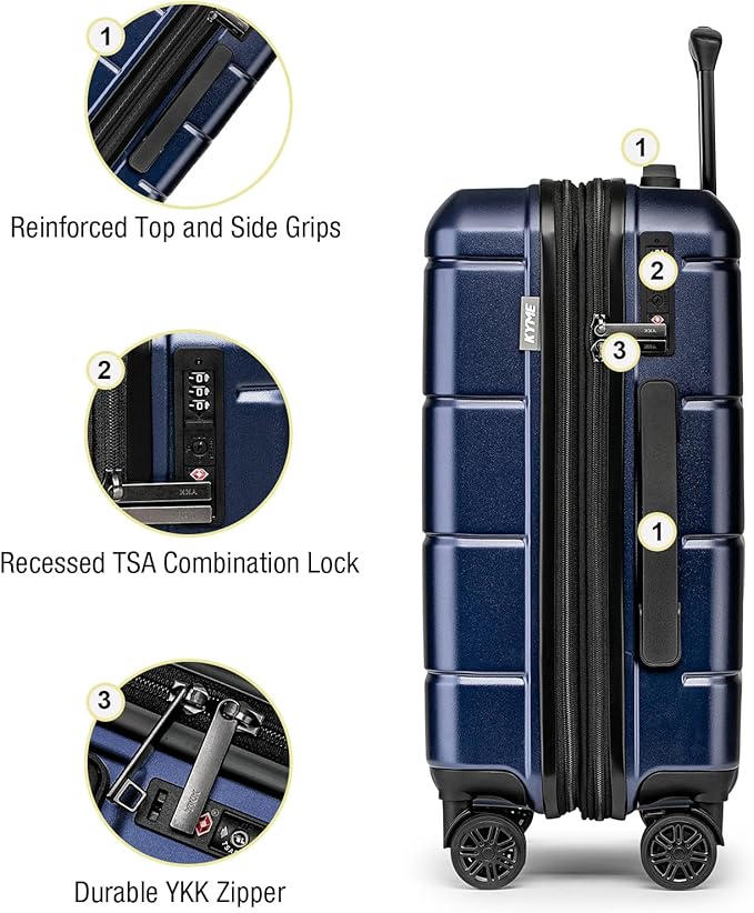 KYME Carry On Luggage 22x14x9 Airline Approved Hardshell 20 Inch Luggage With TSA Lock Carry On Suitcase with Wheels Small Travel Rolling Luggage with Cup Holder for Women Men Navy