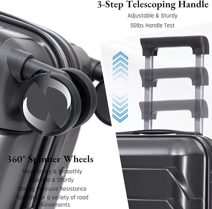 2-Piece ABS Hard Shell Lightweight Carry-On Luggage Set (14" & 20"), 360-Degree Spinner Wheels, Adjustable Telescopic Handle and Combination Lock for Travel, Dark Grey