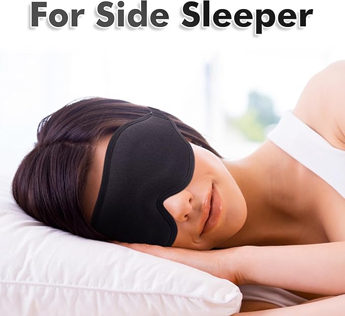 Sleep Eye Mask for Men Women, Sleeping Mask for Side Sleeper, Travel Blackout Night Blindfold Eye Shade Cover with Adjustable Strap (Black-3D)
