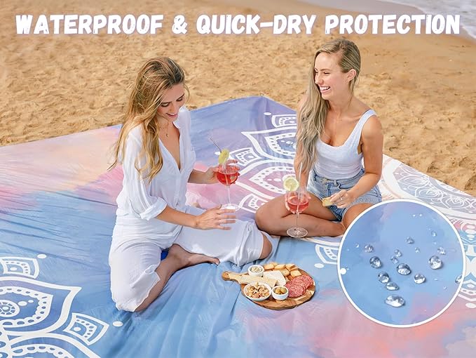 AlphaBeing Beach Blanket Waterproof Sandproof, Extra Large Beach Mat for 1–8 Adults, Oversized Picnic Blanket with 4 Stakes & Storage Bag, Essential Beach Gear for Travel