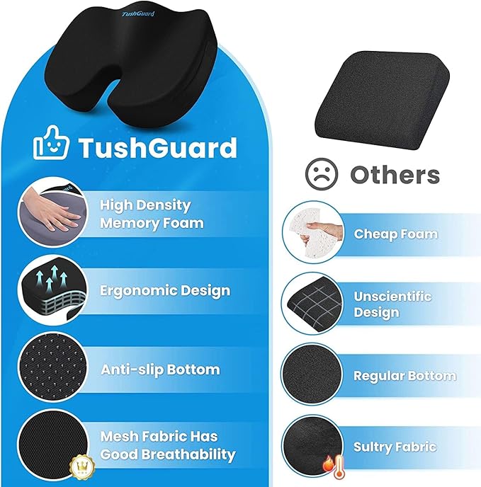 TushGuard Seat Cushion, Office Chair Cushions, Car Seat Cushion, Non-Slip Sciatica & Back Coccyx Tailbone Pain Relief Chair Pad, Memory Foam Butt Pillow for Computer Desk, Office Chair(Black, XXL)