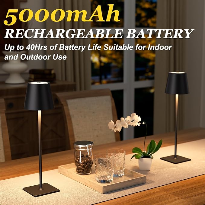 Kakanuo Cordless Rechargeable Table Lamp Black 5000mAh Battery Operated Lamps, 3 Colors Stepless Dimming Touch Lamp for Dining, Living Room, Outdoor Patio, Kitchen Counter, 4 Pack