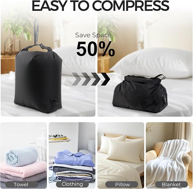 Travel Compression Laundry Bag, Pump-Free Vacuum Space Saver Bag for Dirty Clothes, Reusable Waterproof Wet Dry Bag, Travel Laundry Bag for Luggage, Packing, Suitcase (1 Pcs)（Black, M)