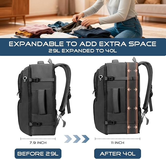 Travel Backpack, Expandable Carry on Backpack for Men, TSA 17.3 inch Laptop Bag Flight Approved, Lightweight Business Luggage Bag, Travel Gifts for Men Women, Black