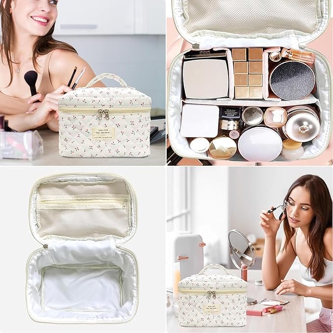 Large Travel Quilted Makeup Bag for Women,Big Floral Cotton Cosmetic Bag, Cute Coquette Aesthetic Floral Toiletry Organizer Bag (White Cherry)