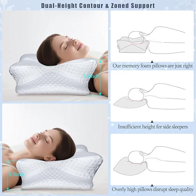 CCidea Cervical Neck Pillows for Sleeping & Pain Relief-Ergonomic Contour Memory Foam Pillow for Side/Back/Stomach Sleepers, 2 Heights with ICY Cooling White Silk Pillowcase - Gifts for Men & Women