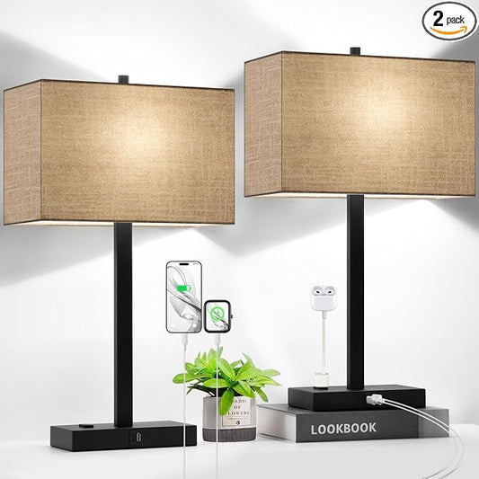21" Set of 2 Table lamp with USB A+C & AC Outlets, Touch Control 3-Way Dimmable Nightstand Lamps for Bedroom Living Room Office Reading, Champagne Gold Shade Touch Lamps, 5000K LED Bulbs Included