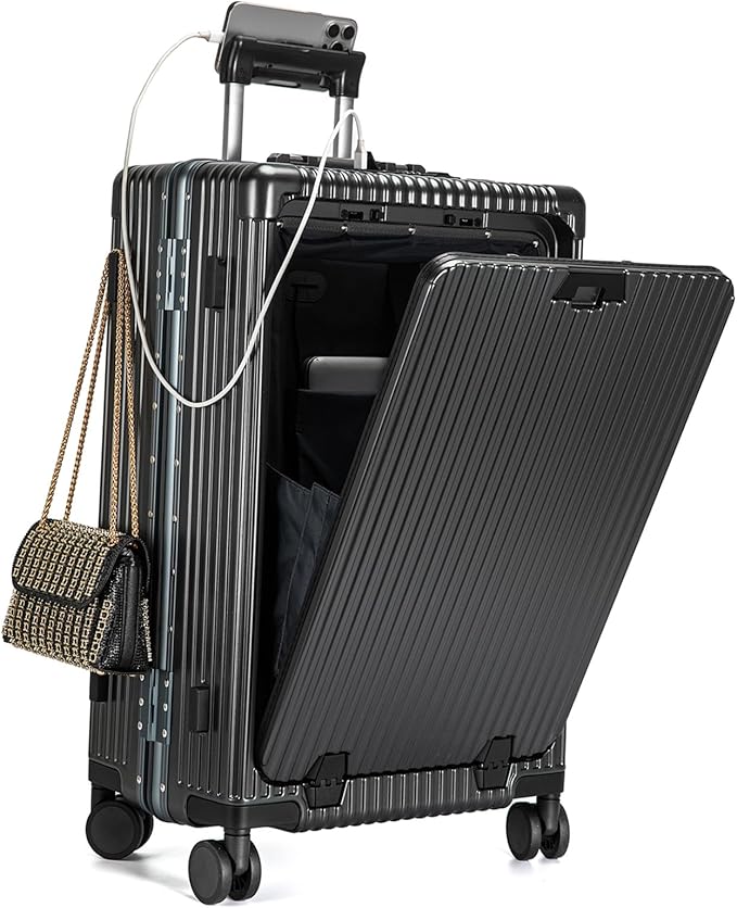 feilario Aluminium Frame PC Hard Shell Spinner Wheels Luggage,22.5"X15"X9.5" Airline Approved Built-In TSA lock Carry on Suitcase, with Cup Holder, USB Port, Phone Holder