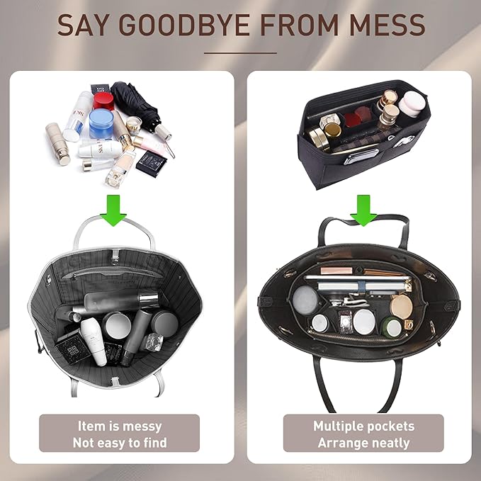 Doxo Purse Organizer Insert Handbag Tote Felt Bag Fit L Neverfull GM & Base Shaper 2pc Set (X-Large, Black-Combination)