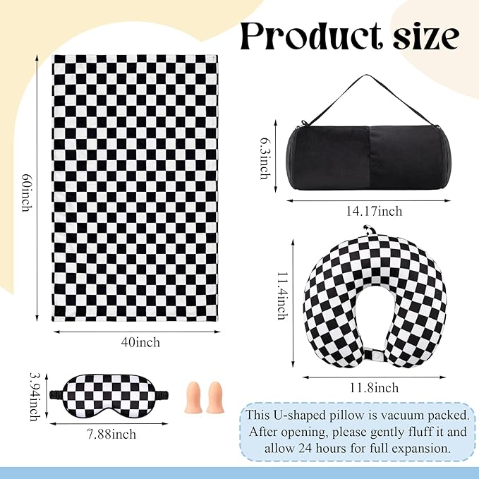 5 Pcs Travel Pillow and Blanket Set, 5 in 1 Travel Airplane Compact Includes 40 x 60 Inch Throw Blanket Eye Mask Neck Pillow Earplug and Bag Gifts for Travelers Women(Checkered,Black)