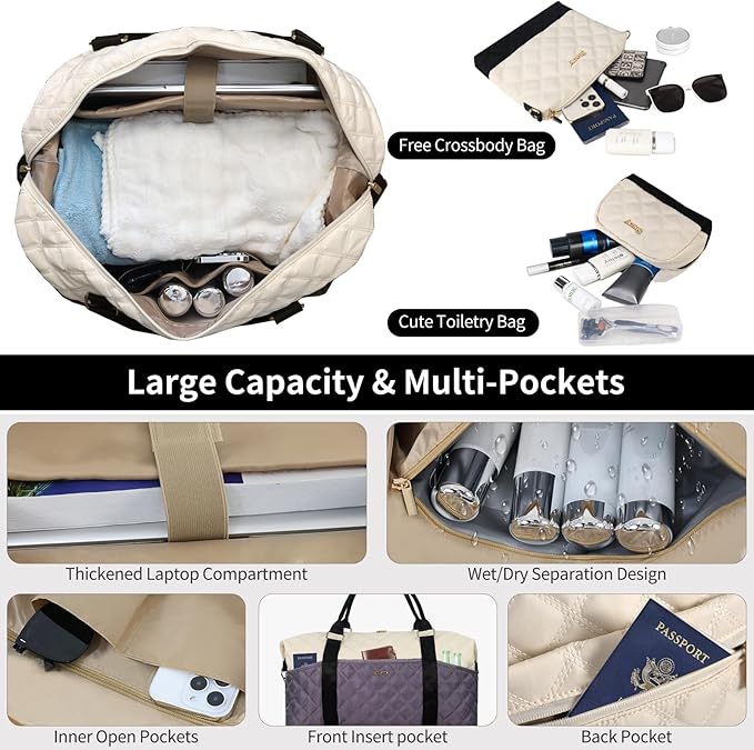 Weekender Bag, Large Travel Duffel Bag for Women, Carry on Overnight Bag with Shoe Compartment and Toiletry Bags
