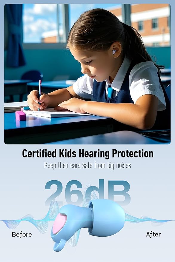 Kids Ear Plugs (6-12 Years) with Cord, Kids Ear Protection Reusable Noise Relief Earplugs for Focus, Travel, Concert, Socializing, Events, Sleep, Anxiety, Home, School, Playtime -26dB Noise Reduction