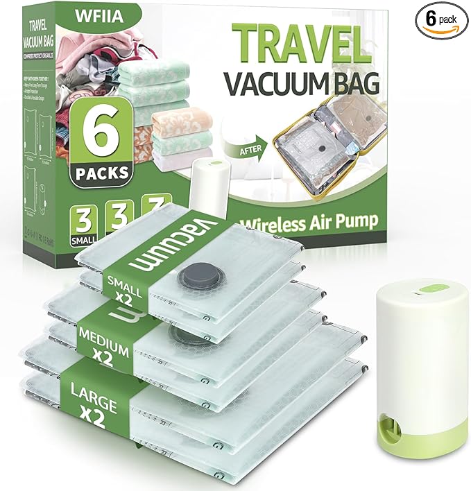 Vacuum Bags for Travel with Rechargeable air Pump, 3 Sizes Vacuum Seal Bags for Clothing, Space-Saving Compression Storage Bags for Travel & Closet Organization (6)