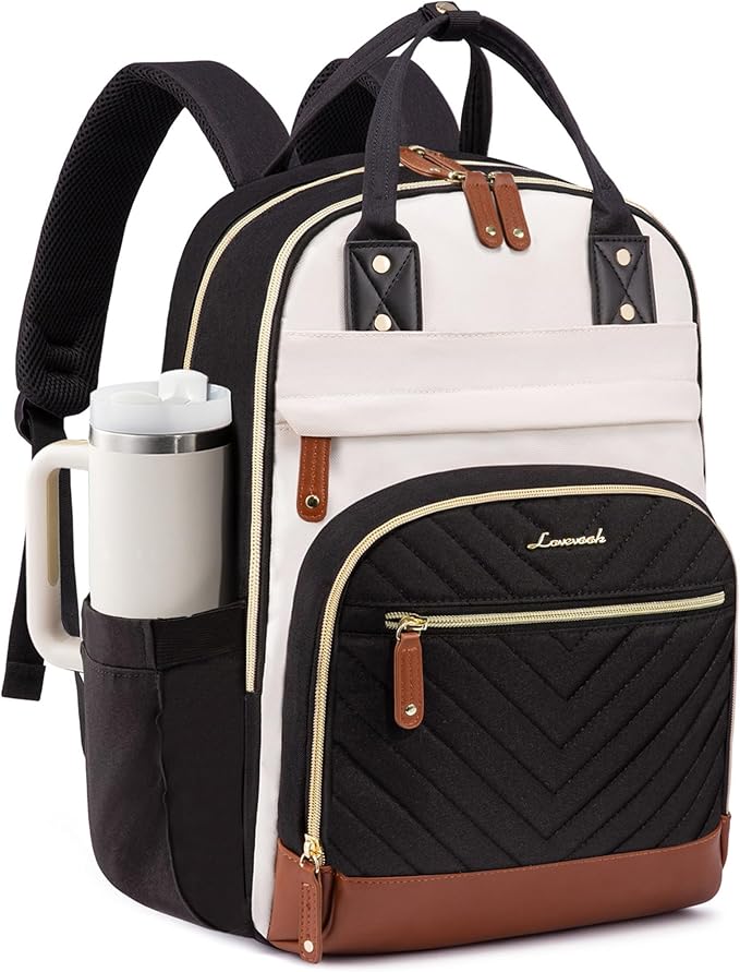 LOVEVOOK Laptop Backpack for Women with Giant Tumbler Holder Pocket,15.6 inch School College Book Bag Nurse Teacher Backpack,Waterproof Work Travel Backpack Purse Laptop Computer Bag,Beige-Black-Brown