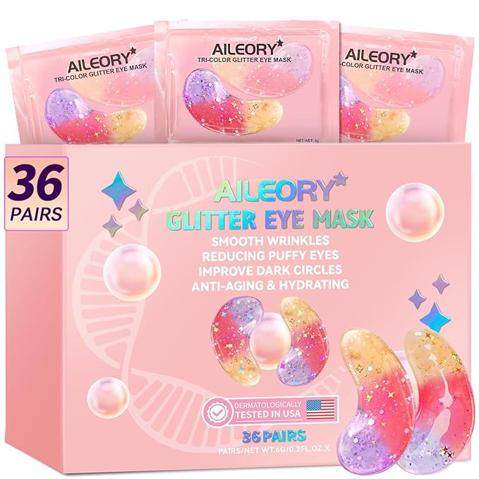 Under Eye Patches (36 Pairs) - Tri-color Glitter Eye Gel Pads for Dark Circles, Puffy Eyes, Under eye Bags, Wrinkles | Natural Collagen Under Eye Mask Patches, Gel Under Eye Patches
