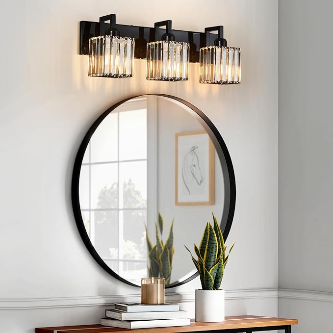 Modern Bathroom Vanity Light 3-Lights Plating Black Vanity Light Crystal Wall Light Bathroom Light Fixtures