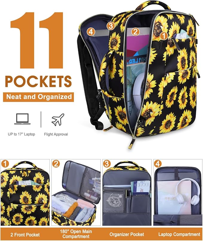 Capolo Travel Backpack for Women Men Waterproof Laptop Backpack Airlines Approved Carry On Backpack Bag Computer Bookbag for Business, Work, Traveling Fits 17 Inch Laptop(Sunflower)