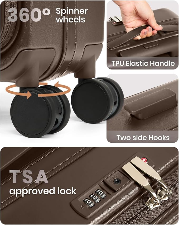 Joyway Luggage Set 3 Piece Top Opening Suitcase Set with Spinner Wheel and TSA Lock, PC Hard Shell Carry on Luggage with Front Pocket for Woman Men (Coffee)