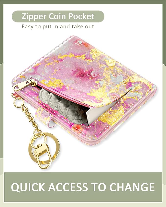 Aiawoxc Womens Wallet, RFID Small Wallets for Women, Slim Compact Credit Card Holder, Cute Leather Bifold Ladies Purse with Zipper Coin Pocket and ID Window, Gold Pink Marble