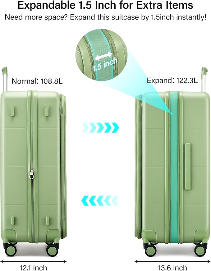 MILADA 28 Inch Large Checked Luggage, Expandable Hardshell Suitcase with 360° Spinner Wheels & TSA Lock, Durable Extra Large Rolling Trunk for Travel, International Vacation, Bamboo Green