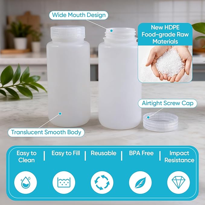 DEMORA 16 oz Plastic Bottles with Lids, Airtight Refillable Wide Mouth Travel Bottles for Toiletries, HDPE Food Grade Plastic Containers for Liquids Pill Water Sample Lab Reagent (Translucent, 2 Pcs)