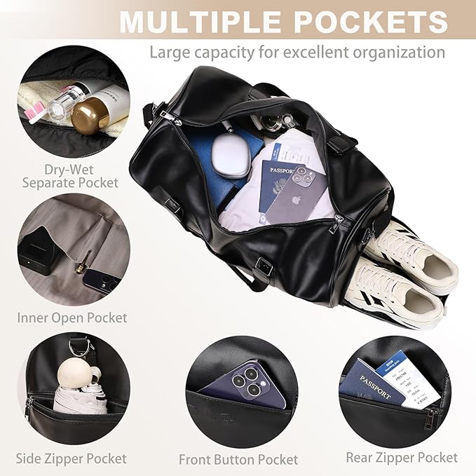 Large 3-in-1 Leather Duffle Bag for Travel Weekender Overnight Hospital Gym Bag for Men & Women, Carry On Airline Approved Personal Item Duffel Garment Bag Luggage with Shoe Compartment & Toiletry Bag