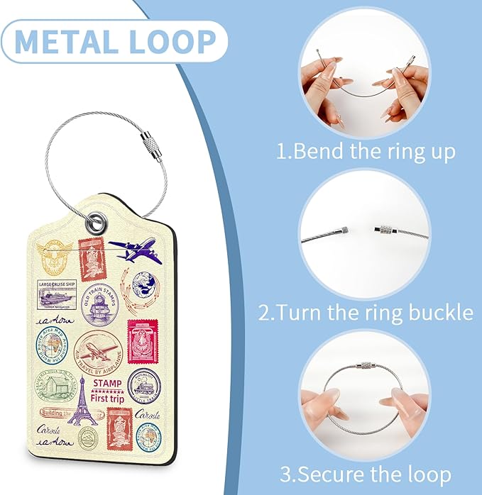 2 Pcs Luggage Tag for Suitcases, Travel Stamp Cute PU Leather Suitcase Tag Privacy Cover ID Label with Metal Loop, Personalized Baggage Identifier for Women Cruise Bag Travel Essentials
