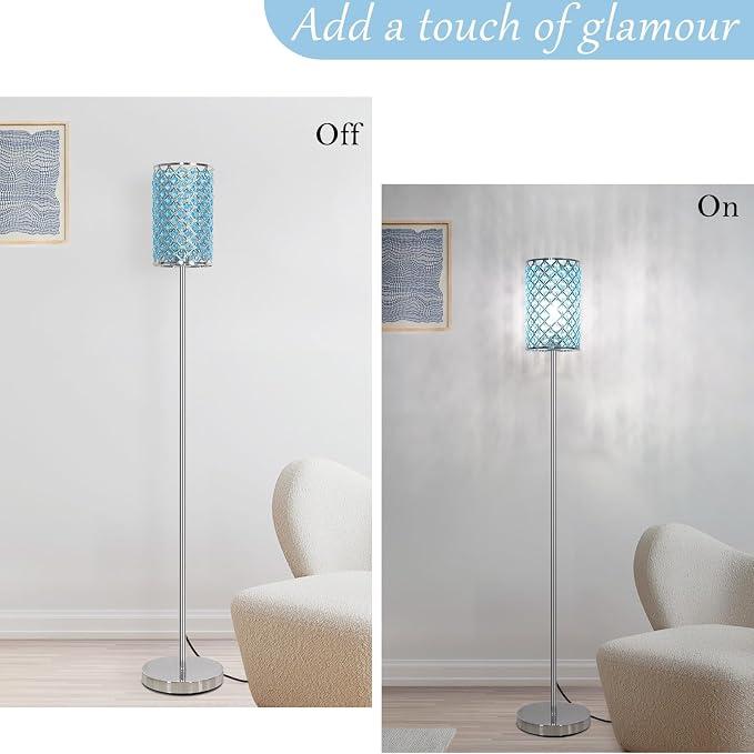 Crystal Floor Lamp, Silver Tall Pole Lamp with Teal Shade and Pedal Switch | Elegant Standing Light, Tall Pole Girls Lamp for Living Room Bedroom Dresser Office, E26 Base