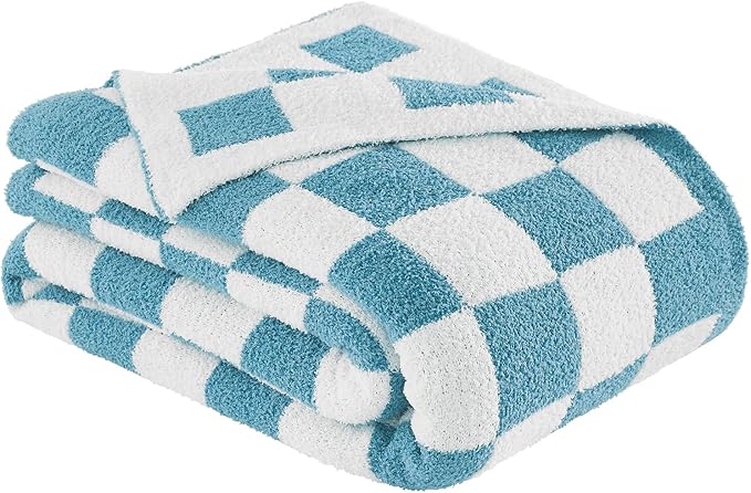 Checkered Throw Blanket, Light Blue Soft Cozy Fluffy Knitted Throw Blankets for Couch, Sofa, Bed, Chair, Warm Fuzzy Travel Picnic Lightweight Plaid Blanket, 50x70 inches