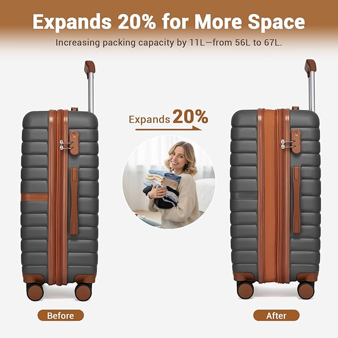 Kono Expandable 24 Inch Luggage with Spinner Wheels, Medium Checked Luggage with Lock, Lightweight & Anti-Scratch PC+ABS Hardshell Travel Suitcase, Grey/Brown