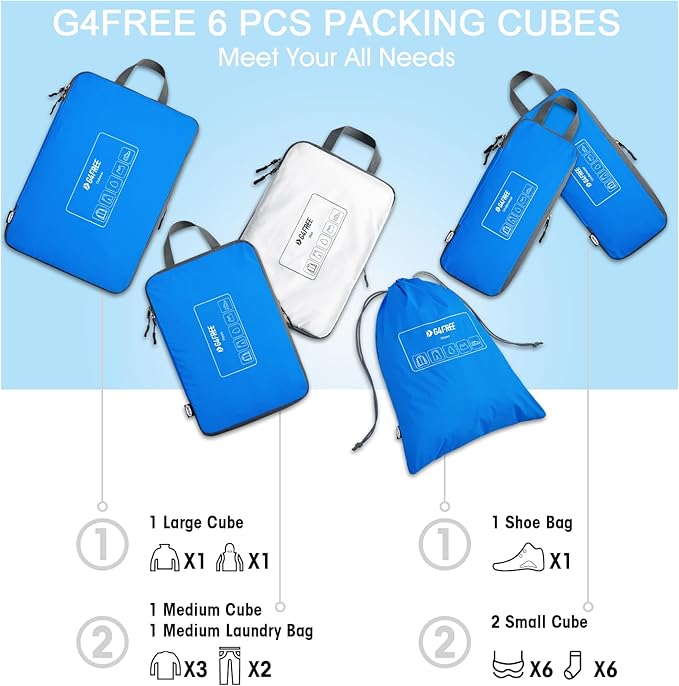 G4Free 6 Set Compression Packing Cubes, 3 sizes Travel Packing Organizers for Suitcases, Expandable Luggage Suitcase Storage Bags Set, Lightweight Packing Cubes Travel Essentials