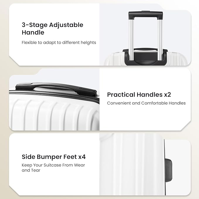 Luggage Sets 3 Piece, Hardside Lightweight Suitcase sets with Spinner Wheels, Large Checked Travel Suitcase for Family Travel，Suitcases Sets 20 24 28 Inch, WHITE